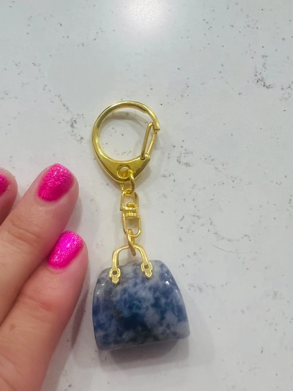 Gold Keychain with Blue Marble Mini Purse Charm
